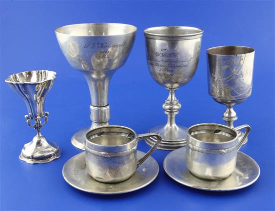 Two late 19th/early 20th century Russian 84 zolotnik silver goblets & 6 other items.